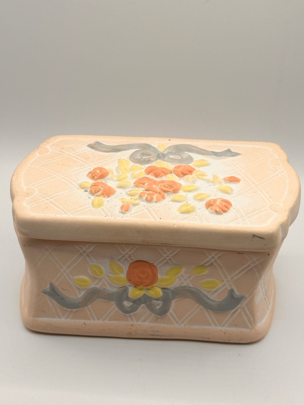 Vintage Peach Floral Ceramic Trinket Box Cottagecore Jewelry Keepsake